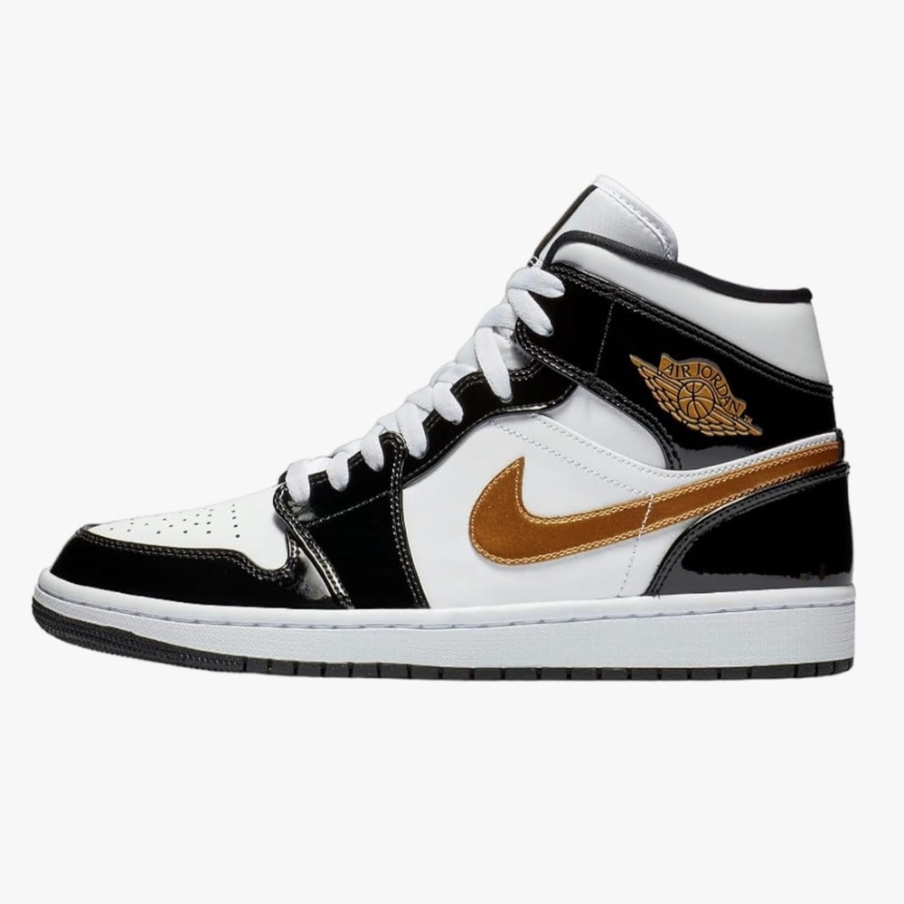 JORDAN 1 Mid White with Patent Black and Gold